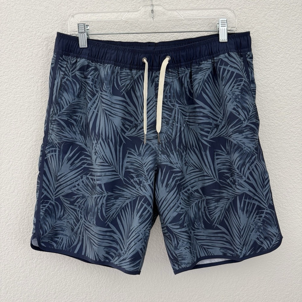 Fair Harbor Mens Lined Swim Board Shorts Large Blue Palm Leaf Pattern Stretch
